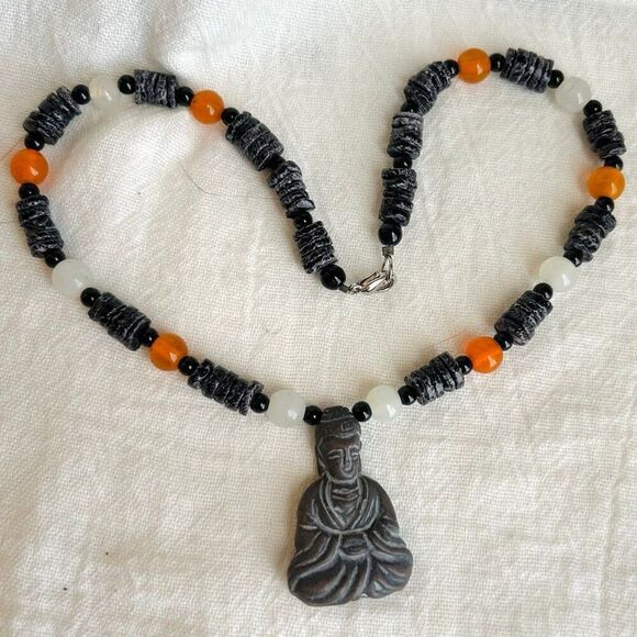 Buddha Beaded Black Puka Bead Orange White Unisex Choker Necklace - Picture 4 of 5